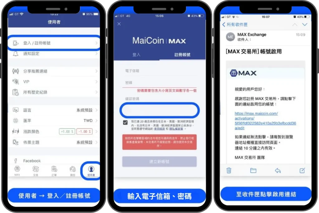 MAX 交易所註冊步驟:設定電子信箱、密碼
